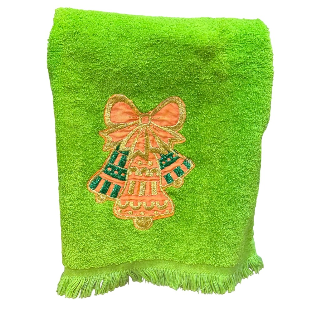 Vintage 70s Cannon Christmas Hand Towel Green Embroidered Bells Fringe 11x17"